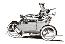 Man And Woman From Early 20th Century Riding Vintage Motorcycle With Sidecar, In Side View