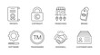 Vector icons of intangible assets. Editable stroke. Business set symbols patents copyright franchises goodwill trademarks brand names self-developed software licenses. Isolated on a white background