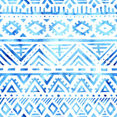 Seamless watercolor tribal pattern. White and blue geometric print. Ethnic and aztec motifs. Ornament for textiles, home decor, packaging. Vector illustration.