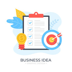 Wall Mural - Business idea. Clipboard with checklist, light bulb with dollar sign, target and arrow. Modern flat design. Vector illustration