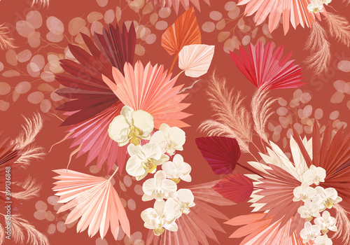 Tela Tropical orchid flower, palm leaves, pampas grass, lunaria vector seamless background