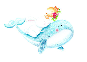 Colorful pwncil sketch illustration of  a  cute hare flying on a whale with moon. stars and flowers in a hand