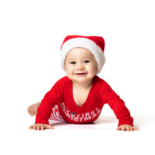 Adorable Little Baby Boy In A Red Christmas Outfit Isolated On White Background