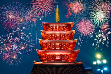 Wall Mural - Fireworks at Senso-Ji Temple in Tokyo at Night