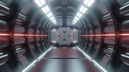 science background fiction interior rendering sci-fi spaceship corridors red light.