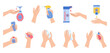 © neliakott - Coronavirus infographic, hands use spray sanitizer, wash soap, against covid virus cartoon set. Coronavirus flat disinfection sanitizer bottles, antiseptic gel collection. Isolated vector illustration