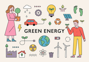 Wall Mural - Green energy icons and people to protect the planet. flat design style minimal vector illustration.