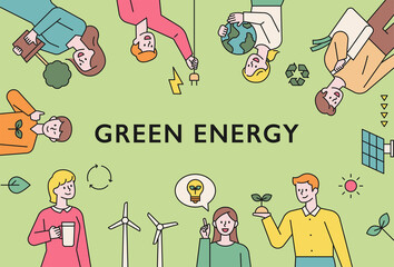 Poster - Green energy lifestyle. People are holding environmental protection items. Web banner style configuration. flat design style minimal vector illustration.