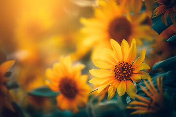 field of blooming sunflowers and light of sun in the morning.