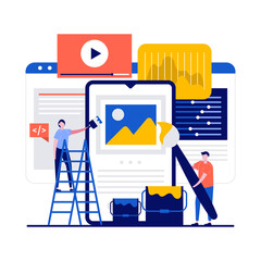 People create ui design concept with tiny character. Designer team working on creative user application interface for smartphone. Team of developers construct mobile app. Can use for landing page