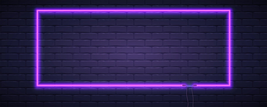 Brick wall lit by neon lamp of violet color. Neon lamp in the shape of rectangle. Vector template, 3d illustration.