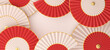 © sofirinaja - Happy Chinese new year or mid autumn decoration background with paper hand fan umbrella, wide composition, 3D rendering illustration