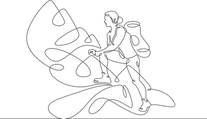 Young woman athlete tourist with a backpack climbs the mountains. One line continuous thick bold single drawn art doodle isolated hand drawn outline logo illustration.