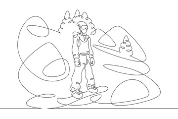 Snowboarder athlete tourist with a board stands in the snow.Winter landscape of fir forests and mountains.One line continuous thick bold single drawn art doodle isolated hand drawn outline logo illust