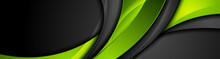 High Contrast Green And Black Glossy Waves. Abstract Tech Graphic Banner Design. Vector Corporate Background
