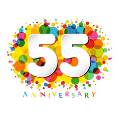 Wall Mural - 55 th anniversary numbers. 55 years old coloured congrats. Cute congratulation concept. Isolated abstract graphic design template. White digits. Up to 55%, -55% percent off discount. Decorative sign.