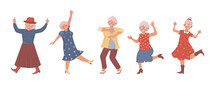 Old Dancing People. An Elderly Man And Woman Senior Age Person Dance. Happy Active Elderly Couple On Music Party Together And Singly. Dancers Grandmother And Grandfather Cartoon Vector