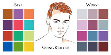 Stock Vector Seasonal Color Analysis Palettes With Best And Worst Colors For Spring Type Of Male Appearance. Face Of Young Man