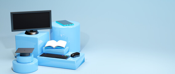 Digital Online Education. 3d render of computer. Application learning on phone, mobile website background. 
social distance concept isolated on background. Classroom Online Education internet network.