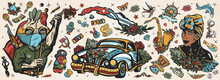 Cuba Old School Tattoo Vector Collection. Havana Retro Cars. Revolutionary Communist, Map, Beautiful Cuban Woman, Cigar, Rum. History And Culture, Island Of Freedom. Traditional Tattooing Style