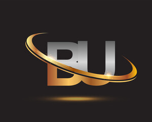 initial letter BU logotype company name colored gold and silver swoosh design. isolated on black background.