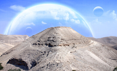 Wall Mural - landscape with mountain, rock and planets in sky