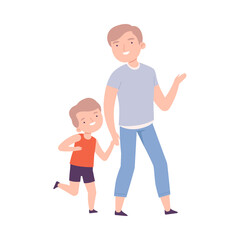 Poster - Dad Accompanying his Son to the School or Kindergarten, Parent and Kid Walking Together Holding Hands Cartoon Style Vector Illustration