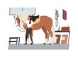 Young horsewoman taking care of domestic animal. Jockey with purebred horse at stable. Equestrienne looking after mare. Woman with pet. Vector illustration in flat cartoon style