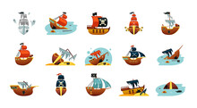Pirate Game Ships Set. Sunken Play Spanish Sailboat With Gold Exploded Wreckage Dreadnought Corsair Schooners Ragged Sails With Cannons New Frigates Flag Of Skull And Crossed Sabers. Vector Cartoon.