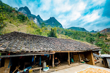 ethnic minority house built in the rocky karst mountain range in Ha Giang, Vietnam. Ha Giang is a northernmost province in Vietnam.