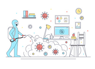Wall Mural - Character Person and Cleaning Disinfecting Coronavirus Cells Concept Contour Linear Style. Vector
