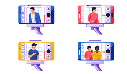 Wall Mural - men and african american girl standing side by side. woman with phone in hands is recording a video 