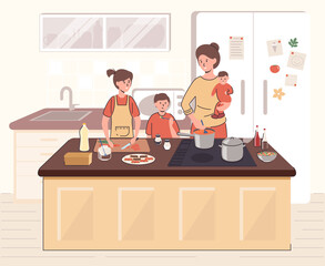 Wall Mural - Cartoon Color Characters People Mother Cooking Together Children Concept. Vector