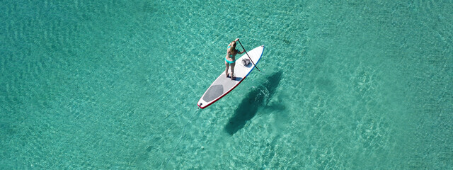 Wall Mural - Aerial drone ultra wide top down photo of fit unidentified woman paddling on a SUP board or Stand Up Paddle board in Caribbean tropical turquoise exotic bay