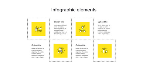 Business process chart infographics with 4 step squares. Circular corporate workflow graphic elements. Company flowchart presentation slide template. Vector info graphic design.