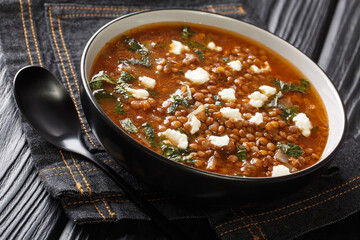 greek brown lentil soup fakes is a simple and healthy one-pot recipe close-up in a plate on the tabl