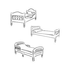 Wall Mural - Black outline vector Bed on white background. bed vector sketch illustration