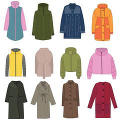 vector, isolated, set of flat style jackets and coats