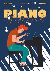 Wall Mural - Vector cartoon flat character music band,jazz,rock,blues stylish banner poster web online concept.Musician plays piano instrument on abstract background-festival,concert,night club flyer