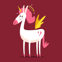 Cute Unicorn Cupid Vector Cartoon Character Isolated On Background.