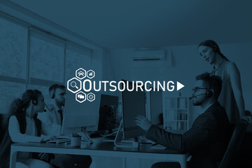 Poster - Team of technical support agents working in office. Concept of outsourcing