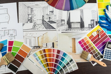 Wall Mural - architect drawing of modern apartament blueprints with color paper material sample on creative desk