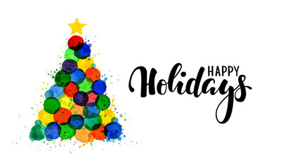 Wall Mural - Bright colorful watercolor stains hand drawn Christmas tree. Happy holidays lettering. design holiday greeting cards and invitations of the Merry Christmas and Happy New Year, seasonal winter holidays