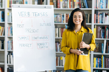 Wall Mural - Portrait of a cheerful smiling young successful female teacher or business woman, dressed in a yellow shirt and in eyeglasses, standing near flipchart and looking with a smile directly at the camera