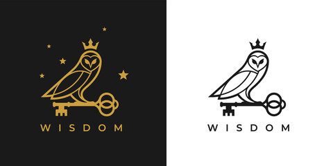 owl with key and crown logo icon. concept wisdom symbol. knowledge sign. vector illustration.