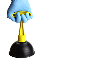 Rubber toilet plunger in hand with glove isolated on white