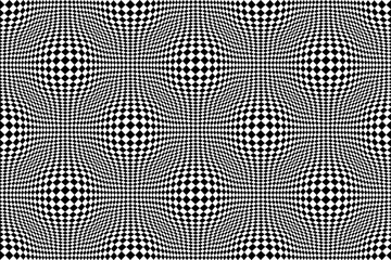 Wall Mural - Optical illusion checkered vector abstract seamless background, black and white pattern, chess board tiles with psychedelic spherical volume, geometric checker op art.