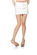 Shapely female legs in white miniskirt and high heel shoes on white background.