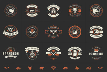 Wall Mural - Butcher shop logos set vector illustration good for farm or restaurant badges with animals and meat silhouettes