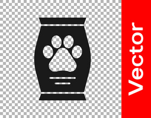 Wall Mural - Black Bag of food for dog icon isolated on transparent background. Dog or cat paw print. Food for animals. Pet food package. Vector.